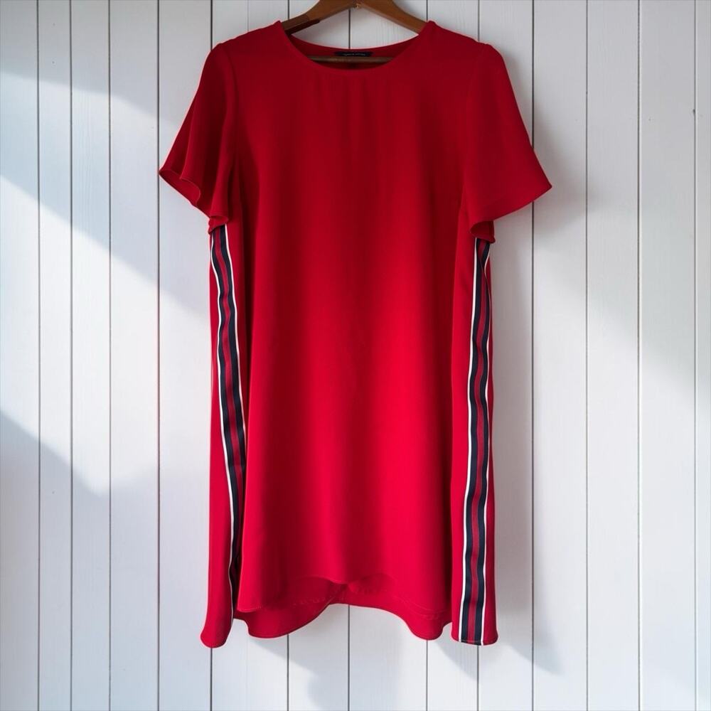 Tommy Hilfiger Womens Red Shift Dress Size L Side- Striped Versatile Classic